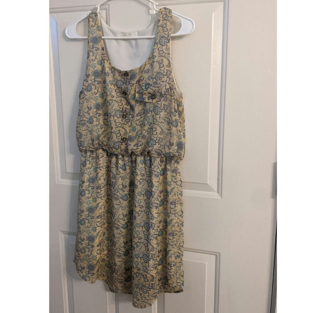 Les Amis Y2K Yellow & Blue Floral Dress, Medium, Elastic waist, button front